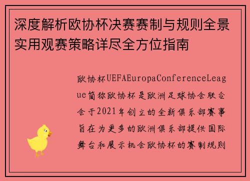 深度解析欧协杯决赛赛制与规则全景实用观赛策略详尽全方位指南