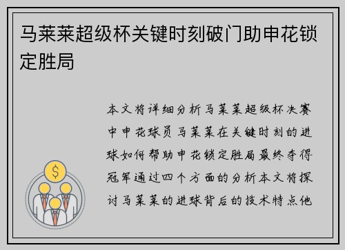马莱莱超级杯关键时刻破门助申花锁定胜局 马莱莱超级杯关键时刻破门助申花锁定胜局