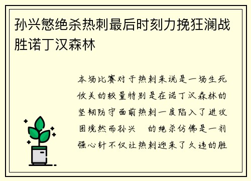 孙兴慜绝杀热刺最后时刻力挽狂澜战胜诺丁汉森林